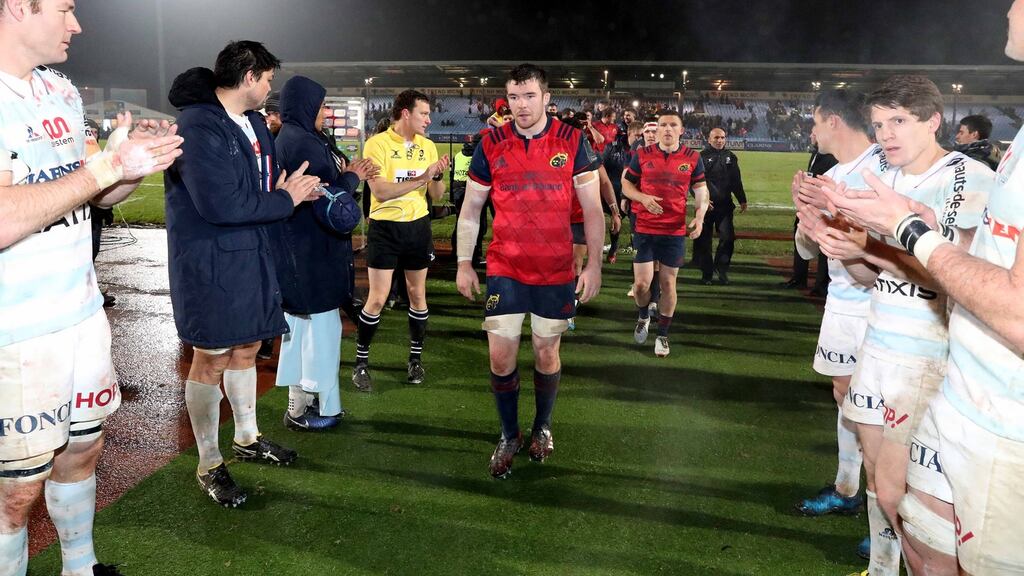 Munster captain Peter O’Mahony leads his team off the pitch at the end of their Champions Cup win over Racing 92. Photo: Billy Stickland/Inpho