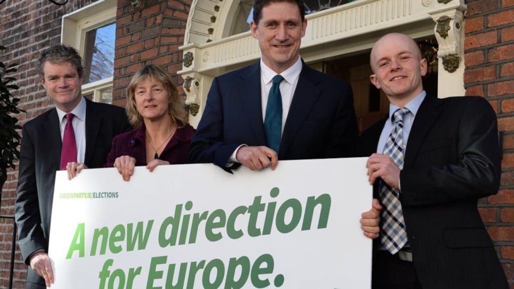 At the Green Party launch in Dublin of its European Parliament campaign are (from left): Mark Dearey, Midlands–North-West; Grace O’Sullivan, South, party leader and Dublin candidate Eamon Ryan and Ross Brown, a candidate in the North constituency. Photograph: Cyril Byrne/The Irish Times