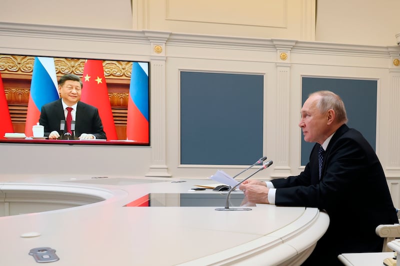 Russian president Vladimir Putin during a meeting with Chinese president Xi Jinping, via video conference at the Kremlin in Moscow on December 30th, 2022. Photograph: Mikhail Klimentyev/Sputnik/ Kremlin Pool Photo via AP/PA