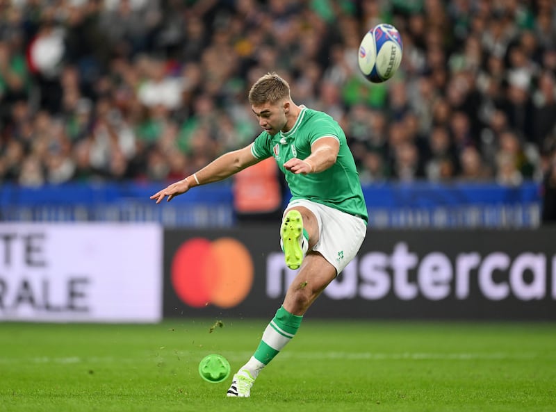 Jack Crowley slots over the kick to give Ireland precious breathing space against South Africa. Photograph: Laurence Griffiths/Getty Images