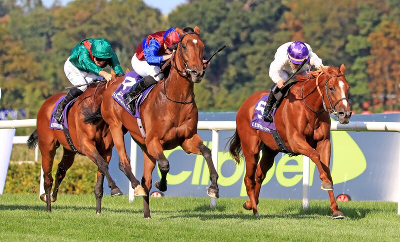 Luxembourg ridden by Ryan Moore (centre) wins The Royal Bahrain Irish Champion Stakes. Photograph: Donall Farmer/PA