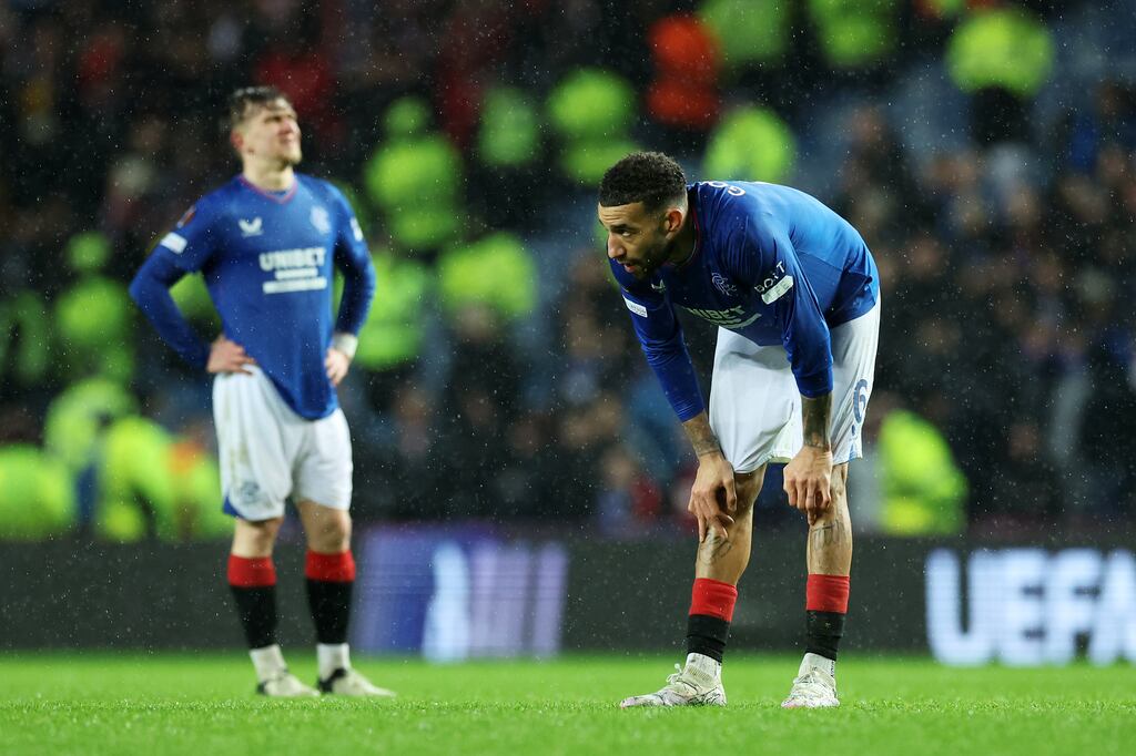 Connor Goldson of Rangers looks dejected after the team's defeat in the Europa League. Photograph: Ian MacNicol/Getty Images