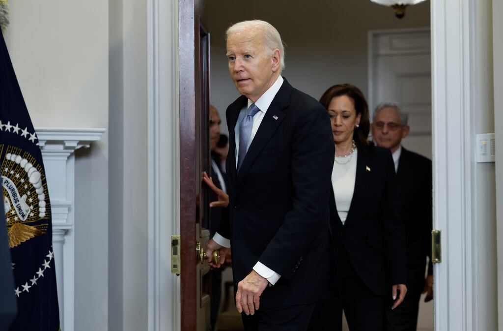 US president Joe Biden arrives to deliver remarks on the assassination attempt on Republican presidential candidate former president Donald Trump, accompanied by vice-president Kamala Harris. Photograph: Kevin Dietsch/Getty Images