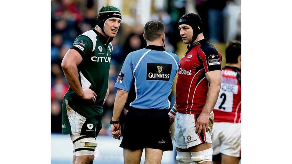 Referee Dean Richards talks to rival captains Bob Casey of London Irish (left) and Steve Borthwick of Saracens during the recent Guinness Premiership match at the Madejski Stadium in Reading, England. - (Photograph: Pete Norton/Getty Images)