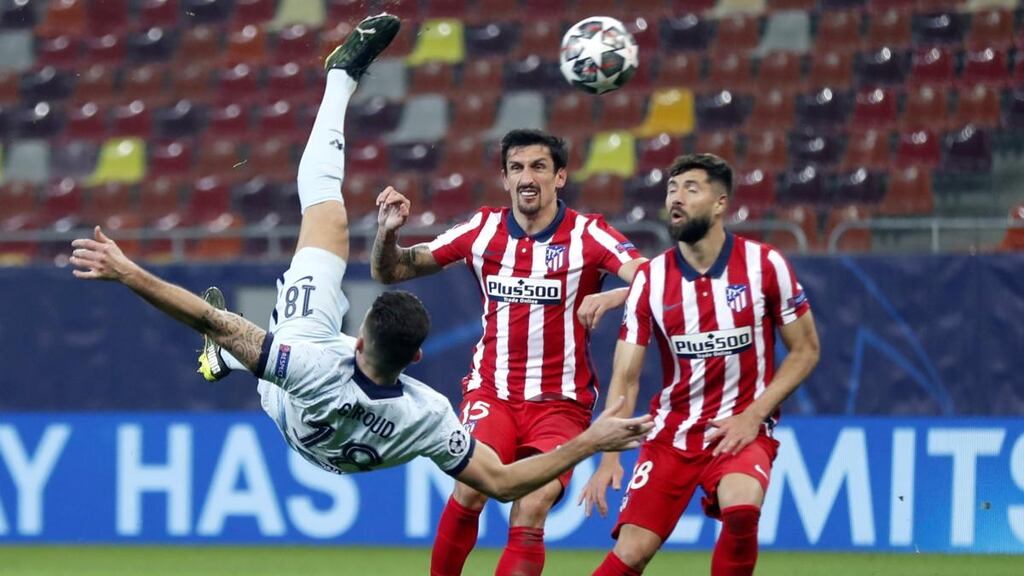 Chelsea’s Olivier Giroud scores the winning goal in the Champions League round of 16, first leg match against Atletico Madrid at the Arena Nationala stadium in Bucharest. Photograph: Robert Ghement/EPA