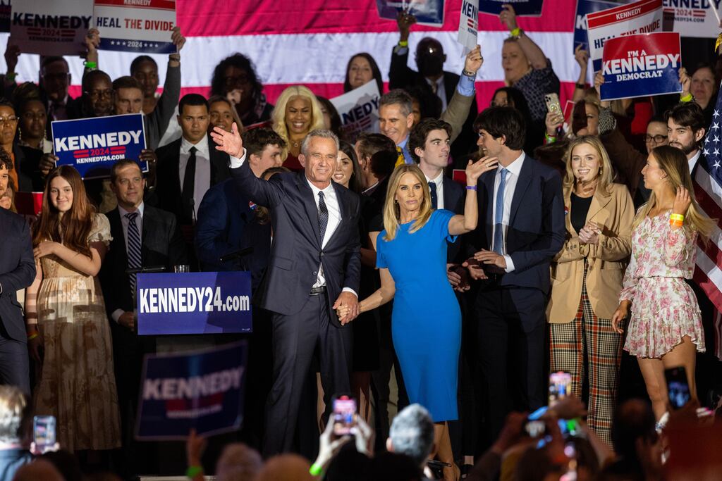 Robert F Kennedy jnr and his wife actress Cheryl Hines on stage in April after announcing his candidacy for US president. Photograph: Scott Eisen/Getty