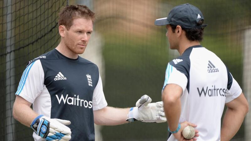 England captain Eoin Morgan speaks with batting coach Mark Ramprakash during a net session at Manuka Oval in Canberra, Australia. Photograph: Gareth Copley/Getty Images
