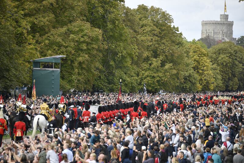 The ceremonial procession of the coffin of Queen Elizabeth II on the Long Walk as it makes its way to Windsor Castle for a committal service at St George's Chapel on Monday. Photograph: Beresford Hodge/PA