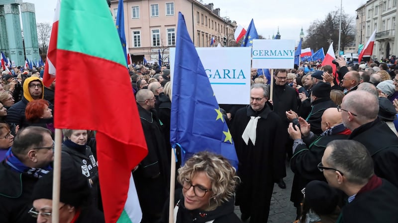 Judges and lawyers from across Europe in the demonstration in Warsaw. Photograph: Tomasz Gzell/EPA
