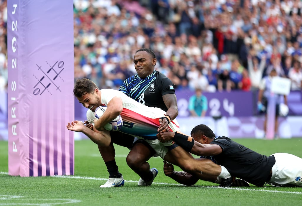 Antoine Dupont gets over to score his second try in the men's Sevens final against Fiji at the Stade de France. Photograph: Hannah Peters/Getty Images