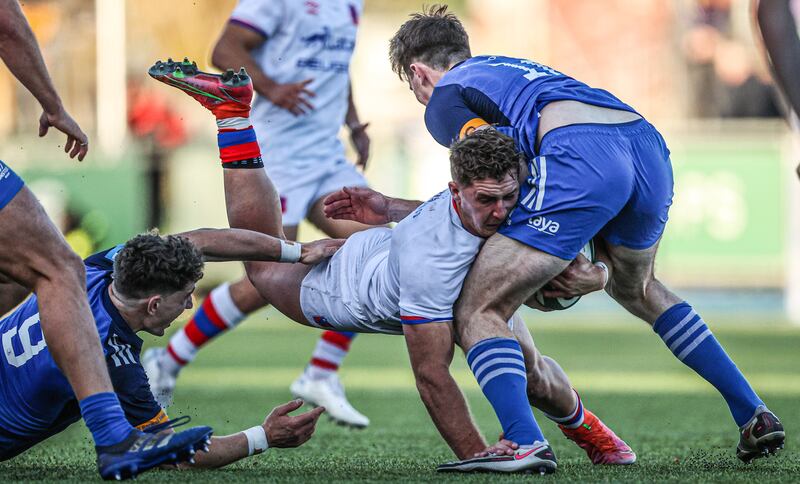 Chile's Gaspar Moltedo is tackled by Cormac Foley and Charlie Tector of Leinster. Photograph: Tom Maher/Inpho