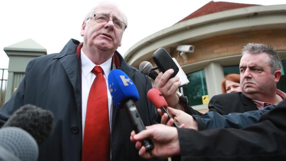Michael Gallagher, whose son Aidan was killed in the 1998 Omagh bombing, speaks to the waiting media outside Dungannon Court House follwing the appearance of 43-year-old Seamus Daly, a member of the terrorist Real Irish Republican Army (Real IRA), charged with murdering 29 people in the Omagh bombing. Photograph: Paul McErlane/EPA