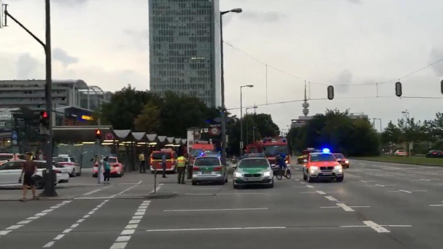 Police respond to a shooting at a shopping centre in Munich, Germany. Photograph: AP Photo/APTV