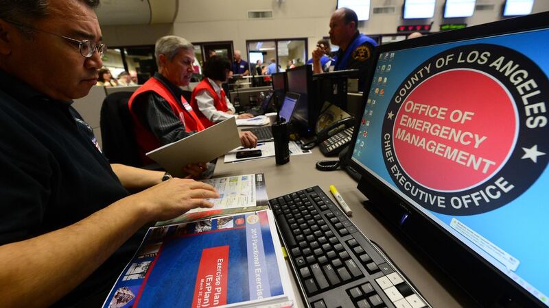 First responders take part in a drill for a simulated 7.8 magnitude earthquake at the command centre of the Office of Emergency Management in Los Angeles, California, in March 2013. File photograph:  Frederic J Brown/AFP/Getty Images