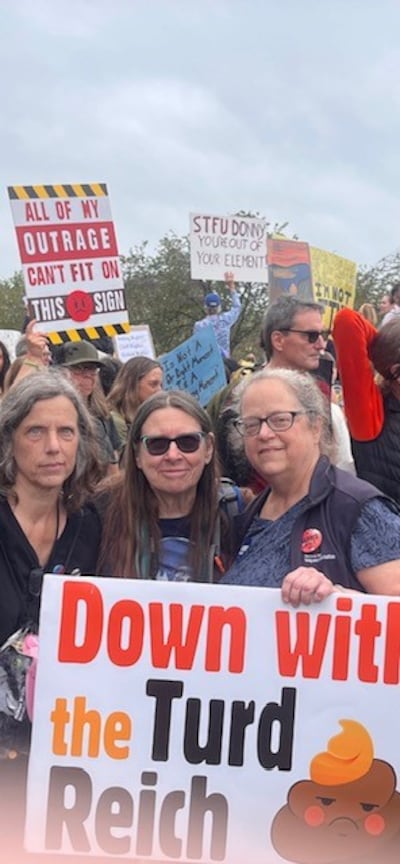Sisters Allison O’Donnell (left) and Cathy O’Donnell (right) with their friend Jenny at the protest. Photograph: Keith Duggan