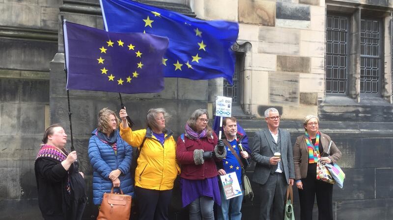 SNP MP Joanna cherry (right), with  Jo Maugham QC and  campaigners outside Court of Session in Edinburgh. Photograph: Lucinda Cameron/PA Wire