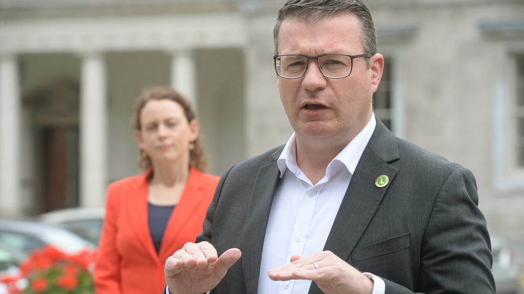 Alan Kelly TD, Labour Party leader and Sen. Marie Sherlock, launch the party’s paid sick leave and parental leave bill at Leinster House. Photograph: Dara Mac Dónaill