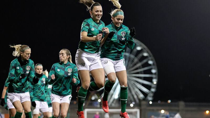 The Republic of Ireland’s Katie McCabe and Denise O’Sullivan during the warm-up against Slovakia in November. Photograph: Laszlo Geczo/Inpho