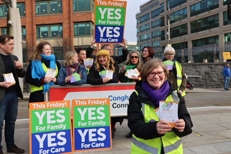 Orla O’Connor of the National Women’s Council of Ireland and members of other campign groups canvassing for two Yes votes in the family and care referendums at Connolly Station in Dublin this week. 
Photograph: Dara Mac Dónaill