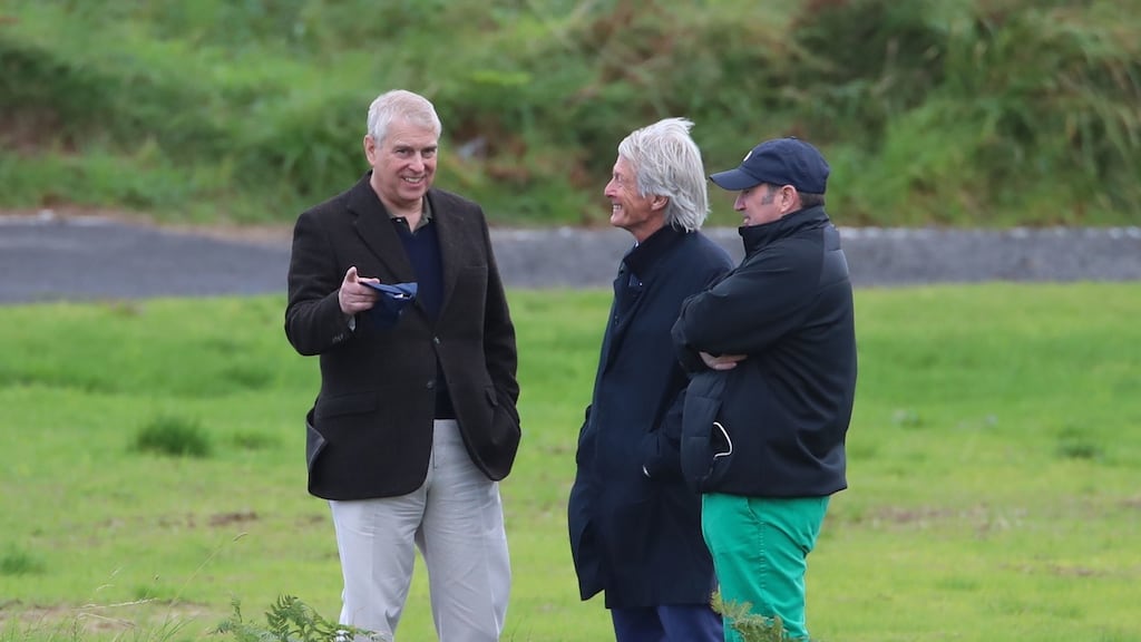 Prince Andrew with solicitor Paul Tweed (centre) at Royal Portrush Golf Club in Co Antrim for the Duke of York Young Champions Trophy on September 9th, 2019. Photograph: Liam McBurney/PA Wire