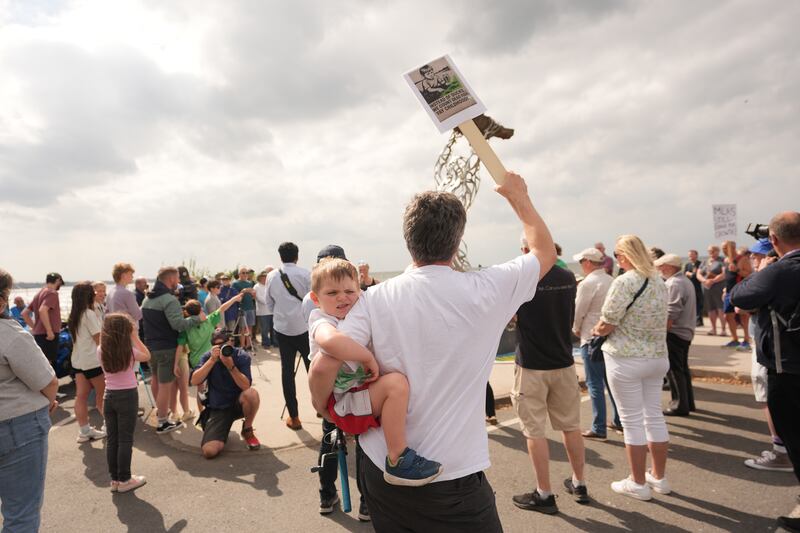 A rally for Lough Neagh at the lough statue. Photograph: Niall Carson/PA