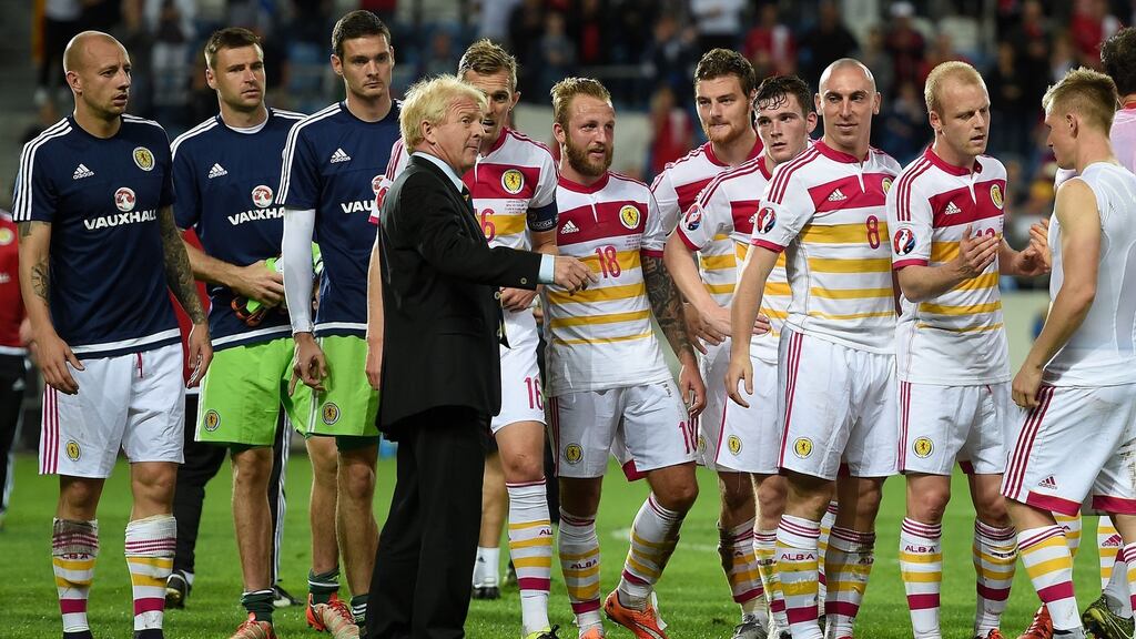 Scotland manager Gordon Strachan with his players after the European Championship qualifying match against Gibraltar at the Estadio Algarve, Faro, Portugal, last night. Photograph: Martin Rickett/PA Wire.