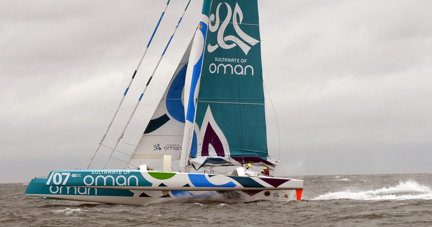 Musandam - Oman Sail, crosses the line at Dun Laoghaire on Wednesday to establish a new Round Ireland record of 40 hours 51mins and 57seconds. Skippered by Sidney Gavignet and with a crew of five, they broke a 20-year-old record set by Lakota in 1993. Photograph: Eric Luke / The Irish Times