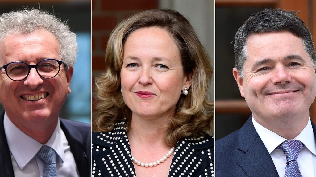 Contenders for the post of president of the Eurogroup: (from left) Luxembourg’s finance minister Pierre Gramegna, Spain’s minister for economic affairs Nadia Calviño and Minister for Finance Paschal Donohoe. Photograph: Getty Images