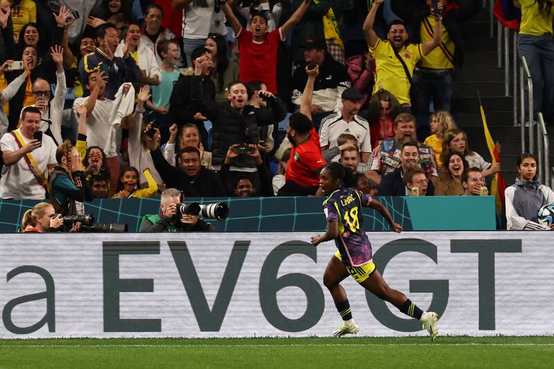 Colombia's Linda Caicedo celebrates scoring her team's first goal during the Group H football match between Germany and Colombia at Sydney Football Stadium on Sunday. Photograph: David Gray/AFP via Getty Images