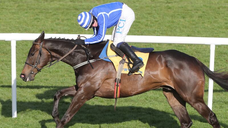 Jockey Paul Townend has a look behind him as Energumene comes home to win the Ryanair Novice Steeplechase at Punchestown. Photograph: Caroline Norris/Inpho