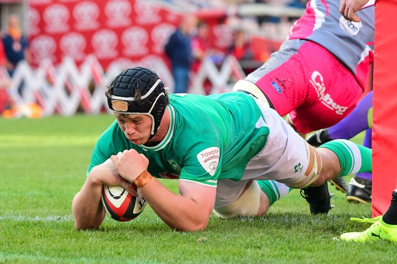 Darragh Murray of Emerging Ireland scores his sides second try. Photograph: Darren Stewart/Steve Haag Sports/Inpho