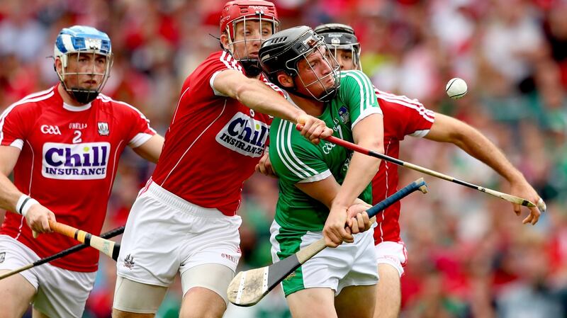 Cork’s Bill Cooper blocks Limerick’s Peter Casey during the second All-Ireland semi-final in Croke Park. Photograph: James Crombie/Inpho