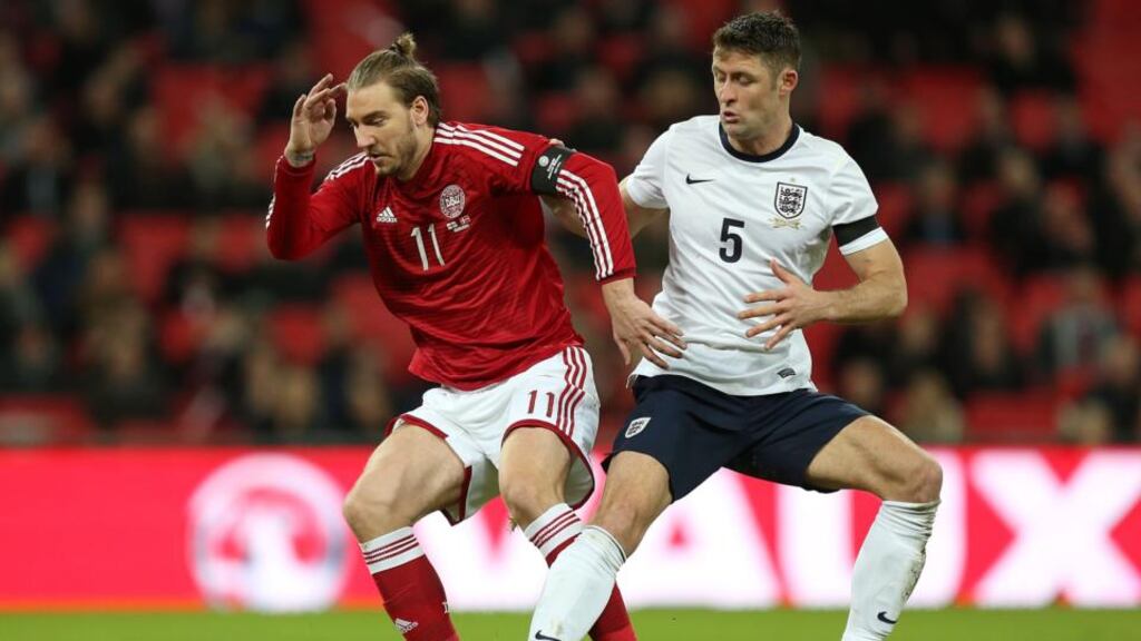Nicklas Bendtner in action for Denmark against England at Wembley recently. Photograph: Mike Egerton/PA