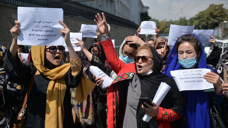 Afghan women protesting for their rights under Taliban rule in Kabul last week. Photograph: Hoshang Hashimi/AFP via Getty Images