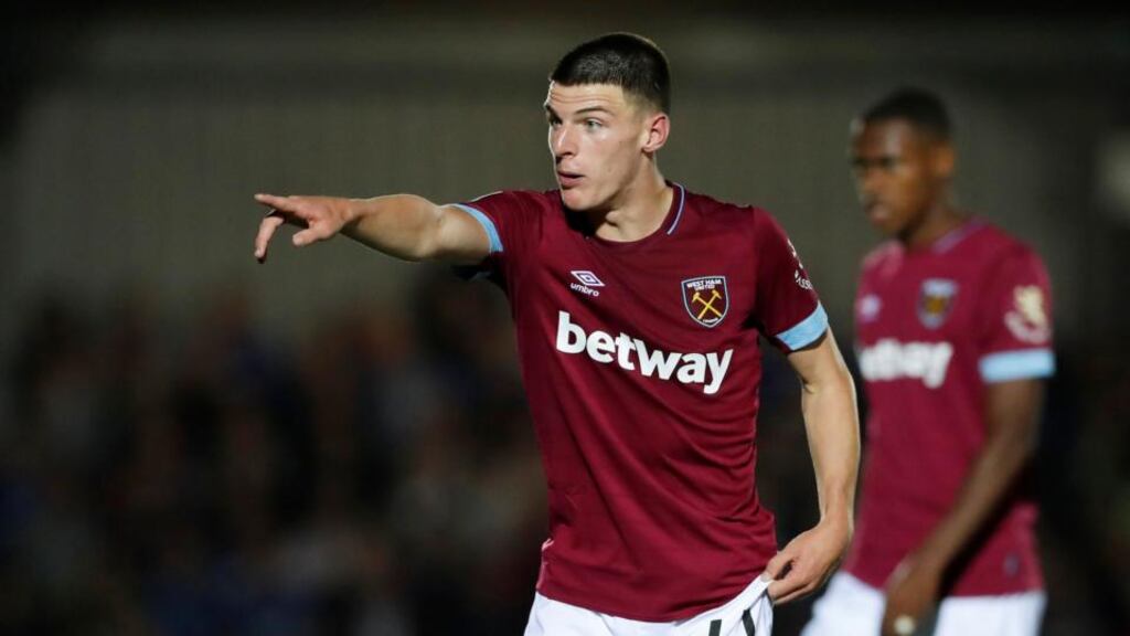 Declan Rice in action for West Ham in the Carabao Cup second round against AFC Wimbledon. Photograph: Reuters
