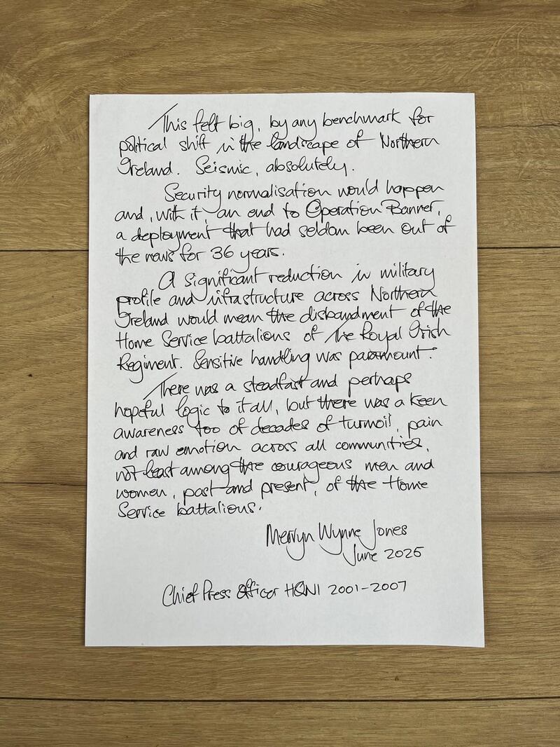 A note from Mervyn Wynne Jones, the British army’s former chief press officer at Thiepval Barracks in Lisburn. Photograph: Brian Rowan personal archive for The Open University