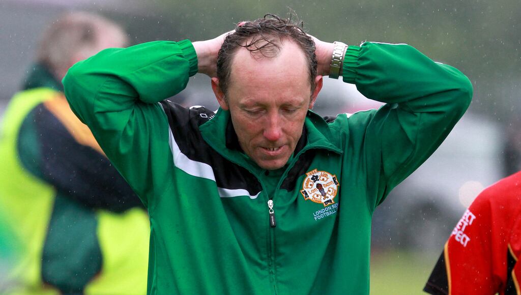 London manager Paul Coggins shows his frustration after last year’s narrow one-point loss to Leitrim at Ruisllip. Photograph: Gerry McManus/Inpho