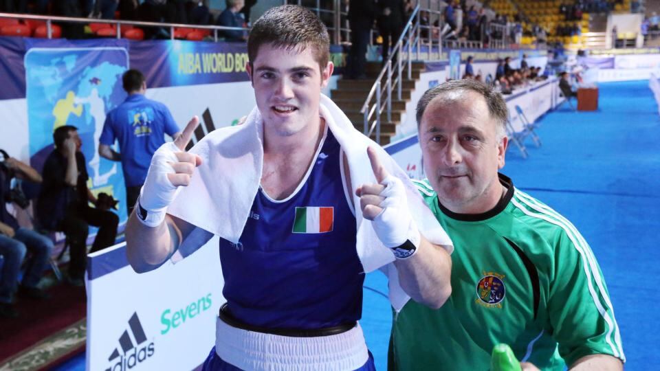 Ireland’s Joe Ward with coach Zaur Antia after his win over Nikita Ivanov in Almaty. Photograph: Cathal Noonan/Inpho