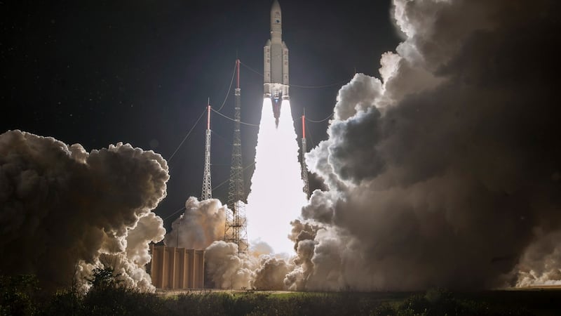 Ariane 5 rocket carries the multisegment “BepiColombo” spacecraft, launched on October 19th, 2018. Photograph: JM Guillon/ESA/CNES/Arianespac