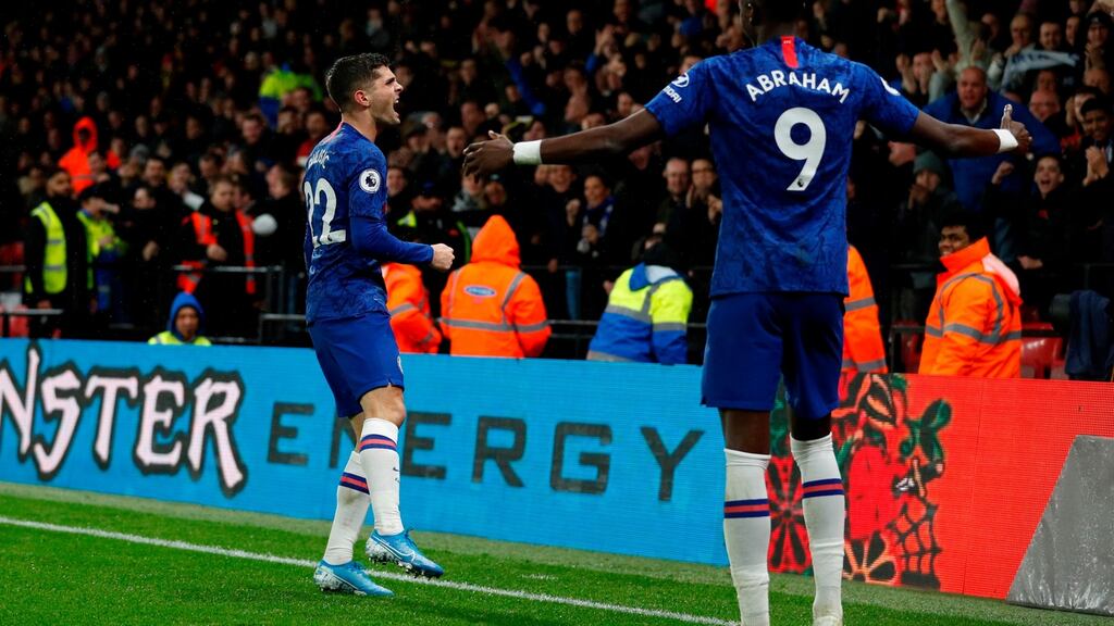 Chelsea’s US midfielder Christian Pulisic celebrates scoring his team’s second goal at Vicarage Road. Photograph: Getty Images