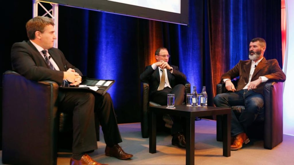 Alistair Tosh, head of executive education at IMI (left) with  Martin O’Neill and Roy Keane during a Q&A at the Irish Management Institute National Management Conference 2014