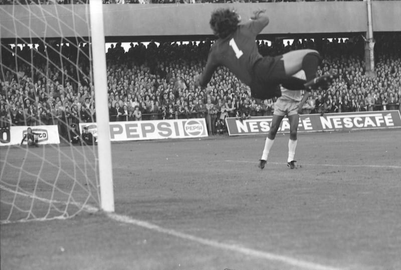 Brazil goalkeeper Emerson Leao in action against the all-Ireland selection under the guise of Shamrock Rovers XI at Lansdowne Road. Photograph: Dermot O'Shea