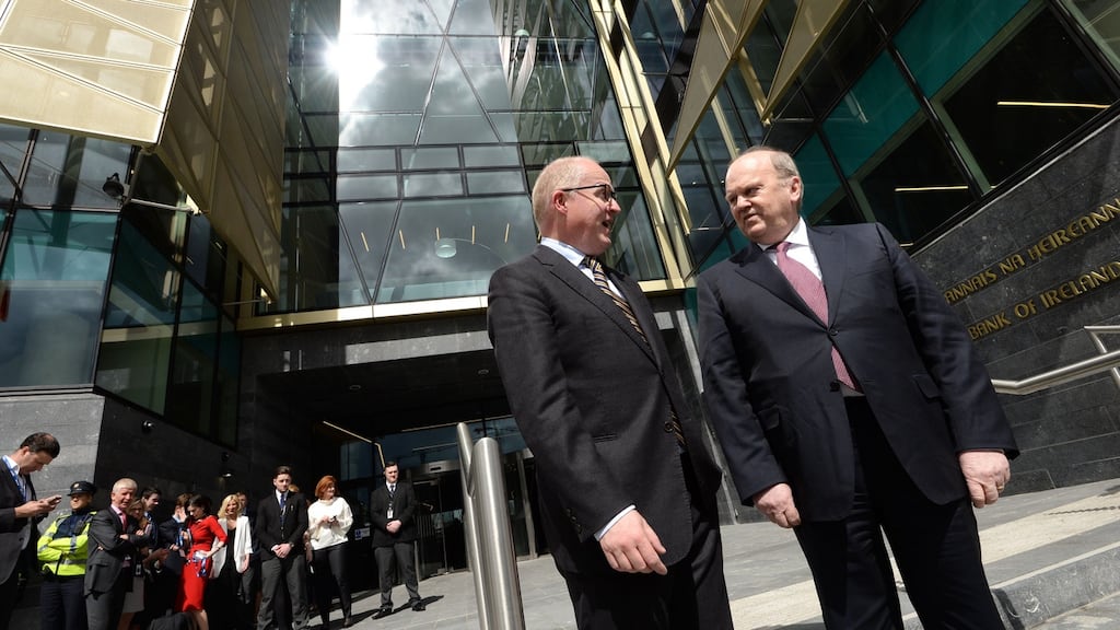 Minister for Finance Michael Noonan with Central Bank governor Philip Lane at the new Central Bank Building in Dublin’s docklands. Photograph: Dara Mac Dónaill