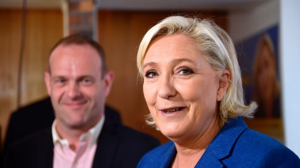 Marine Le Pen, leader of the far-right Front National (FN) party, and Steeve Briois, mayor of Hénin-Beaumont, where Ms Le Pen was campaigning in her bid to win a seat in the National Assembly in legislative elections on June 11th and 18th. Photograph: Philippe Huguen/AFP/Getty Images