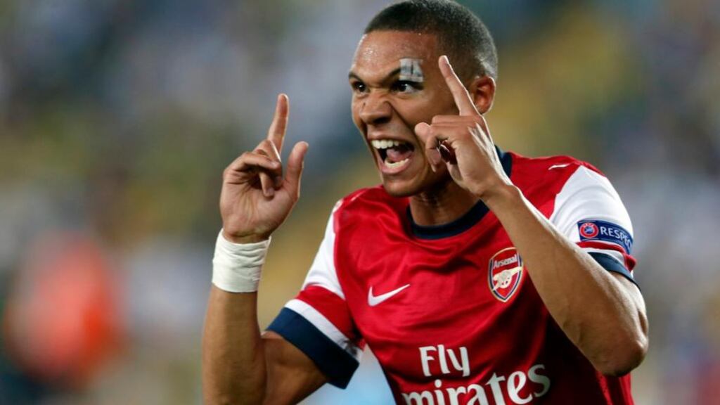 Arsenal’s Kieran Gibbs celebrates his goal against Fenerbahce in Istanbul. Photograph: Murad Sezer/Reuters