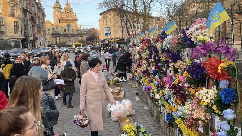 An Easter memorial in Lviv for civilians killed during Russia’s invasion. Photograph: Daniel McLaughlin