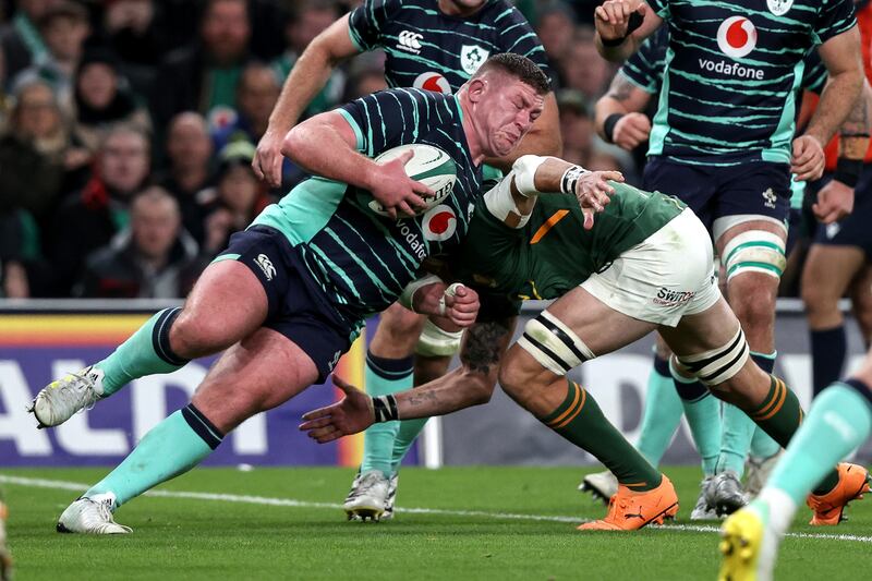 Ireland's Tadhg Furlong on the attack against South Africa during the Nations Series Test at the Aviva Stadium. Photograph: Morgan Treacy/Inpho