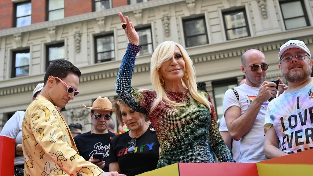 Donatella Versace waves as she takes part in the NYC Pride March as part of World Pride commemorating the 50th Anniversary of the Stonewall Uprising in New York City. Photograph: Angela Weiss /Getty Images
