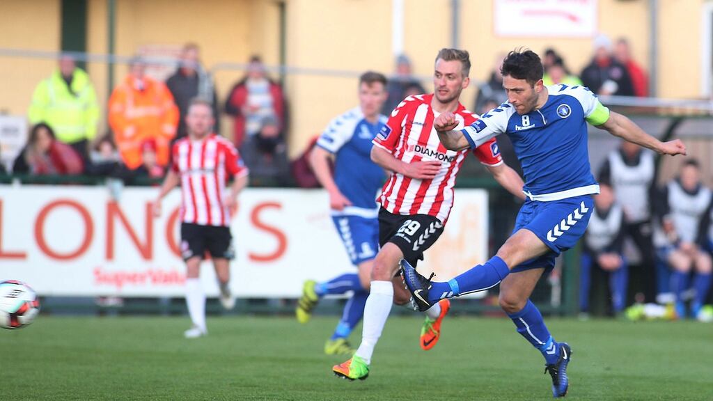Limerick’s Shane Duggan scoring against Derry City. Photograph: Lorcan Doherty/Presseye/Inpho