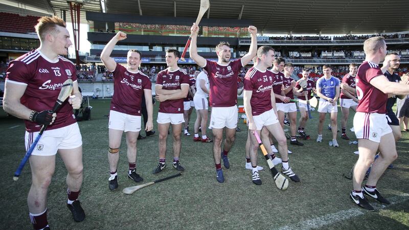 Galway celebrate their victory over Kilkenny in Sydney. Photograph: David Nielsen/Inpho